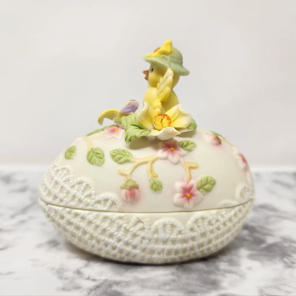 Decorative Egg with Yellow Chick and Flowers Trinket Box